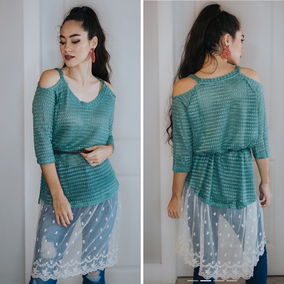 NWT Maverick The Collection Alexa Tulle Knitted Cold Shoulder Top Olive [US L] - Picture 1 of 11